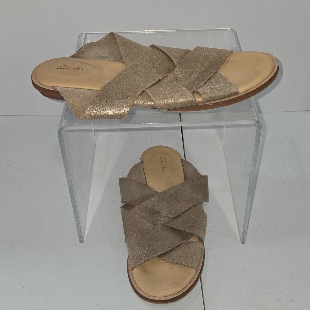 Clarks Womens 10 Gold Metallic Suede Criss Cross Slide Sandals 261413344075